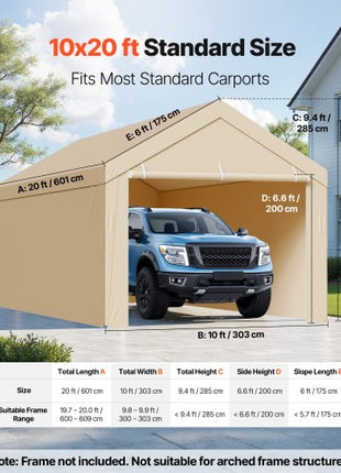 Carport Replacement Canopy, 10 x 20 ft Potable Garage Tent Top Tarp with Sidewalls, UV-Resistant & Waterproof, Heavy Duty Car Shelter Tarp with Ball Buggees, Beige, Frame Not Included