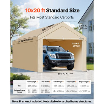 Carport Replacement Canopy, 10 x 20 ft Potable Garage Tent Top Tarp with Sidewalls, UV-Resistant & Waterproof, Heavy Duty Car Shelter Tarp with Ball Buggees, Beige, Frame Not Included