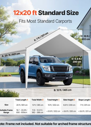 Carport Replacement Canopy, 12 x 20 ft Potable Garage Tent Top Tarp, UV-Resistant & Waterproof Car Shelter Tarp, Heavy Duty Car Port Cover with Ball Buggees, White, Frame Not Included