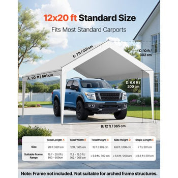 Carport Replacement Canopy, 12 x 20 ft Potable Garage Tent Top Tarp, UV-Resistant & Waterproof Car Shelter Tarp, Heavy Duty Car Port Cover with Ball Buggees, White, Frame Not Included