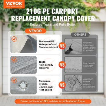 Carport Replacement Canopy Cover 12 x 20 ft, Garage Top Tent Shelter Tarp Heavy-Duty Waterproof & UV Protected, Easy Installation with Ball Bungees,Grey (Only Top Cover, Frame Not Include)