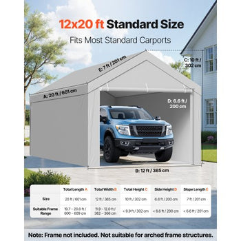 Carport Replacement Canopy, 12 x 20 ft Potable Garage Tent Top Tarp with Sidewalls, UV-Resistant & Waterproof, Heavy Duty Car Shelter Tarp with Ball Buggees, Grey, Frame Not Included