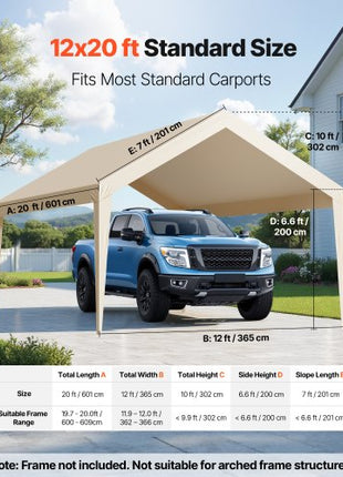 Carport Replacement Canopy, 12 x 20 ft Potable Garage Tent Top Tarp, UV-Resistant & Waterproof Car Shelter Tarp, Heavy Duty Car Port Cover with Ball Buggees, Beige, Frame Not Included