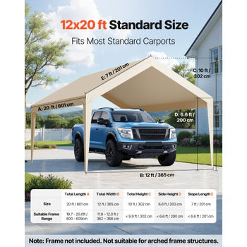 Carport Replacement Canopy, 12 x 20 ft Potable Garage Tent Top Tarp, UV-Resistant & Waterproof Car Shelter Tarp, Heavy Duty Car Port Cover with Ball Buggees, Beige, Frame Not Included