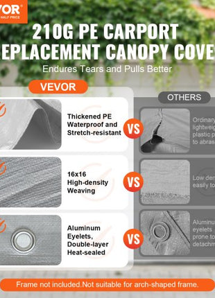 Carport Replacement Canopy Cover 13 x 20 ft, Garage Top Tent Shelter Tarp Heavy-Duty Waterproof & UV Protected, Easy Installation with Ball Bungees,Grey (Only Top Cover, Frame Not Include)
