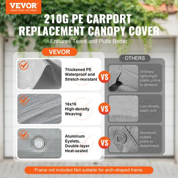 Carport Replacement Canopy Cover 13 x 20 ft, Garage Top Tent Shelter Tarp Heavy-Duty Waterproof & UV Protected, Easy Installation with Ball Bungees,Grey (Only Top Cover, Frame Not Include)