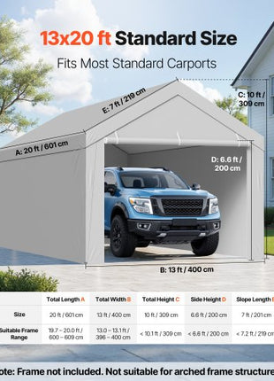 Carport Replacement Canopy, 13 x 20 ft Potable Garage Tent Top Tarp with Sidewalls, UV-Resistant & Waterproof, Heavy Duty Car Shelter Tarp with Ball Buggees, Grey, Frame Not Included