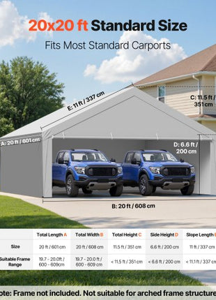 Carport Replacement Canopy, 20 x 20 ft Potable Garage Tent Top Tarp with Sidewalls, UV-Resistant & Waterproof, Heavy Duty Car Shelter Tarp with Ball Buggees, Grey, Frame Not Included