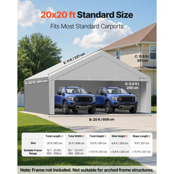 Carport Replacement Canopy, 20 x 20 ft Potable Garage Tent Top Tarp with Sidewalls, UV-Resistant & Waterproof, Heavy Duty Car Shelter Tarp with Ball Buggees, Grey, Frame Not Included