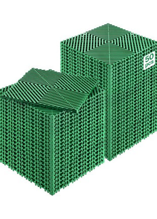 Interlocking Drainage Mat, 50 Pcs Modular Interlocking Cushion, 12 x 12 Splicing Drainage Mats, Non-Slip Green PP Drainage Floor Tile and Shower Mat, for Garage, Garden, Kitchen & Outdoor