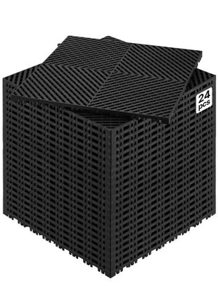 Interlocking Drainage Mat, 15.7 x 15.7 Modular Interlocking Cushion, 24 Pcs Splicing Drainage Mats, Non-Slip Black PP Drainage Floor Tile and Shower Mat, for Garage, Garden, Kitchen & Outdoor