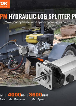 Hydraulic Log Splitter Pump, 16GPM, 2 Stage 4000PSI Wood Log Splitter Pump, 1'' Inlet 1/2'' NPT Outlet 3600 RPM Aluminum Hydraulic Gear Pump, for Small Engine Mounting Log Splitters Snowplow