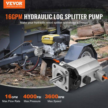 Hydraulic Log Splitter Pump, 16GPM, 2 Stage 4000PSI Wood Log Splitter Pump, 1'' Inlet 1/2'' NPT Outlet 3600 RPM Aluminum Hydraulic Gear Pump, for Small Engine Mounting Log Splitters Snowplow