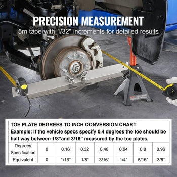 5m tape measure with stainless steel toe plate and plastic measuring tools for precise automotive alignment measurements.