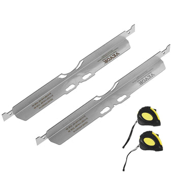 Stainless steel lawn mower blades set with yellow and black measuring tape for precise yard maintenance.