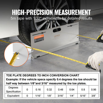 High-precision VEVOR 5m tape measure with toe plate and conversion chart, stainless steel, yellow increments, modern design.
