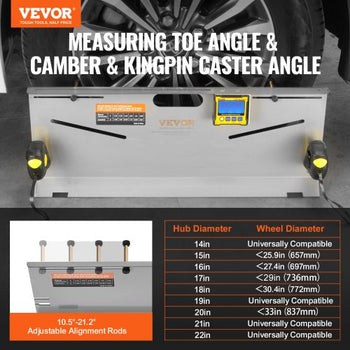 Wheel Alignment Tool, 2-Pack Toe Plates, Camber/Caster/Toe Gauge 0.1° Accuracy, Stainless Steel Tool Plate, Magnetic Slots and 6 Alignment Rods, Includes 2 Measuring Tapes & Conversion Chart