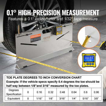 High-precision metal toe plate measurement tool with 0.1° inclinometer and 1/32" tape measure, ideal for automotive use.