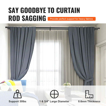 Gray curtain rods, 1.75" diameter, support up to 30lbs, 0.6mm thick, perfect for heavy fabrics and preventing sagging.