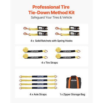 Wheel Chock Tie-Down Kit, Tire-Style Trailer Tie Down Strap, Car Tie Down Kit with Spring Hook, Break Strength 10009 lbs & Working Load 3333 lbs Motorcycle Tie-Down System for ATV, SUV, Trailer