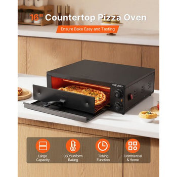 Electric Pizza Oven, 16 in Countertop Pizza Oven, 77 to 572°F Temp Range, 1750W Indoor Pizzas Maker w/Timing & Temp Control, Pizzas Cooker w/Dual Heat Tube, Grill Rack, for Kitchen & Commercial