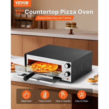 Electric Pizza Oven, 12-inch Countertops Pizza Ovens, 572°F Max Temp, 1450W Indoor Pizzas Maker w/Timing & Temp Control, Pizza Cooker w/Dual Heat Tube, Crumb Tray, for Diner and Home Kitchen