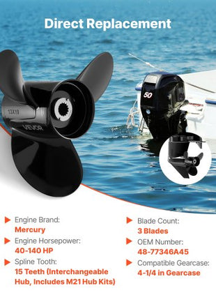 Outboard Propeller, Upgrade OEM 15 Spline Tooth Aluminum Outboard Boat Propeller Fit Mercury Engines 40-140 HP, 4-1/4" Gearcase, 3-Blade, RH (Right Hand Rotation), OEM Parts No. 48-77346A45