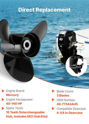 Outboard Propeller, Upgrade OEM 15 Spline Tooth Aluminum Outboard Boat Propeller Fit Mercury Engines 40-140 HP, 4-1/4" Gearcase, 3-Blade, RH (Right Hand Rotation), OEM Parts No. 48-77344A45