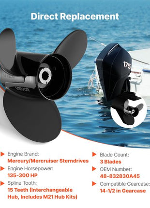 Outboard Propeller, Upgrade OEM 15 Spline Tooth Aluminum Outboard Boat Propeller Fit Mercury/Mariner Engines 135-300 HP, 4-3/4" Gearcase, 3-Blade, RH (Right Hand Rotation), OEM No. 48-832830A45