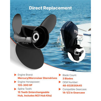 Outboard Propeller, Upgrade OEM 15 Spline Tooth Aluminum Outboard Boat Propeller Fit Mercury/Mariner Engines 135-300 HP, 4-3/4" Gearcase, 3-Blade, RH (Right Hand Rotation), OEM No. 48-832830A45