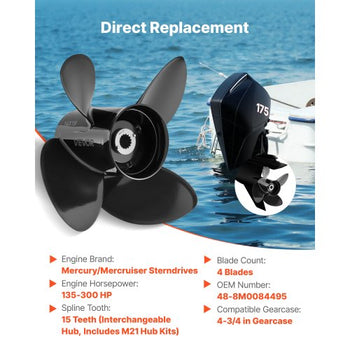 Outboard Propeller, Upgrade OEM 15 Spline Tooth Aluminum Outboard Boat Propeller Fit Mercury/Mariner Engines 135-300 HP, 4-3/4" Gearcase, 4-Blade, RH (Right Hand Rotation), OEM No. 48-8M0084495
