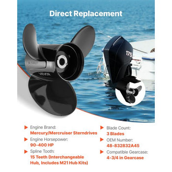 Outboard Propeller, Upgrade OEM 15 Spline Tooth Aluminum Outboard Boat Propeller Fit Mercury/Mariner Engines 90-400 HP, 4-3/4" Gearcase, 3-Blade, RH (Right Hand Rotation), OEM No. 48-832832A45