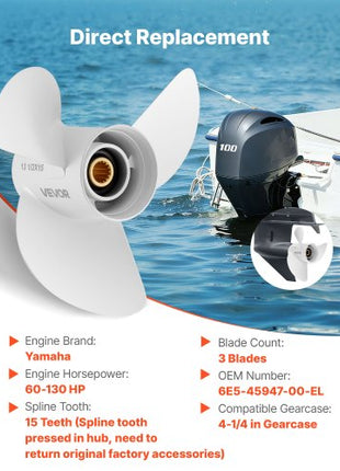 Outboard Propeller, Upgrade OEM 15 Spline Tooth Aluminum Outboard Boat Propeller Fit Yamaha Engines 60-130 HP, 4-1/4" Gearcase, 3-Blade, RH (Right Hand Rotation), OEM Parts No. 6E5-45947-00-EL