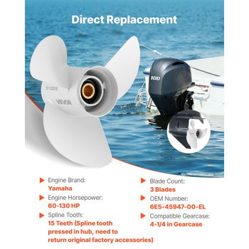 Outboard Propeller, Upgrade OEM 15 Spline Tooth Aluminum Outboard Boat Propeller Fit Yamaha Engines 60-130 HP, 4-1/4" Gearcase, 3-Blade, RH (Right Hand Rotation), OEM Parts No. 6E5-45947-00-EL