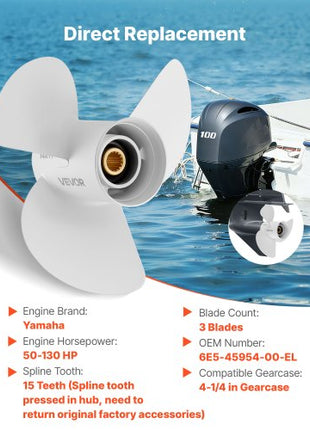 Outboard Propeller, Upgrade OEM 15 Spline Tooth Aluminum Outboard Boat Propeller Fit Yamaha Engines 50-130 HP, 4-1/4" Gearcase, 3-Blade, RH (Right Hand Rotation), OEM Parts No. 6E5-45954-00-EL