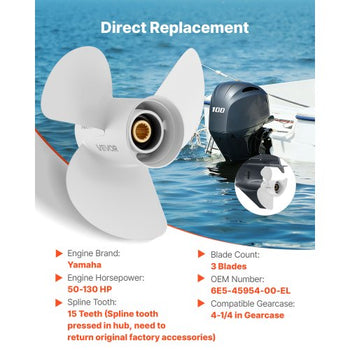 Outboard Propeller, Upgrade OEM 15 Spline Tooth Aluminum Outboard Boat Propeller Fit Yamaha Engines 50-130 HP, 4-1/4" Gearcase, 3-Blade, RH (Right Hand Rotation), OEM Parts No. 6E5-45954-00-EL