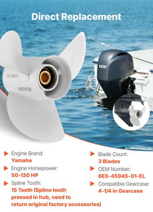 Outboard Propeller, Upgrade OEM 15 Spline Tooth Aluminum Outboard Boat Propeller Fit Yamaha Engines 50-130 HP, 4-1/4" Gearcase, 3-Blade, RH (Right Hand Rotation), OEM Parts No. 6E5-45945-01-EL