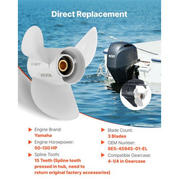 Outboard Propeller, Upgrade OEM 15 Spline Tooth Aluminum Outboard Boat Propeller Fit Yamaha Engines 50-130 HP, 4-1/4" Gearcase, 3-Blade, RH (Right Hand Rotation), OEM Parts No. 6E5-45945-01-EL