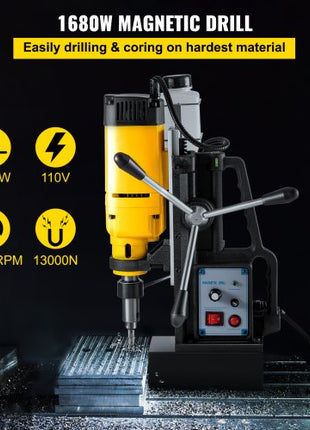 Mag Drill, 0-300 RPM Stepless Speed Electromagnetic Drill Press, 2\" Depth 2\" Dia Magnetic Core Drill, 2922lbf Boring Tool Drill Press, 1680 Watts Drill Press, Yellow and Black Drill Machine