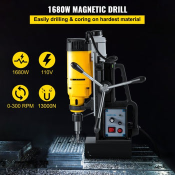 Mag Drill, 0-300 RPM Stepless Speed Electromagnetic Drill Press, 2\" Depth 2\" Dia Magnetic Core Drill, 2922lbf Boring Tool Drill Press, 1680 Watts Drill Press, Yellow and Black Drill Machine