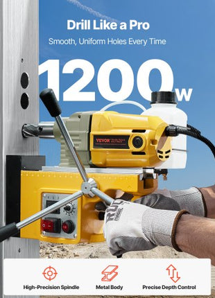 Magnetic Drill, 1200W Motor 1.6 in Boring Diameter, 2810 lbf Electric Mag Drill Press, with 2 Coring Bits, Variable Speed, Drilling Machine for Metal Surface, Home Improvement Industry, Yellow