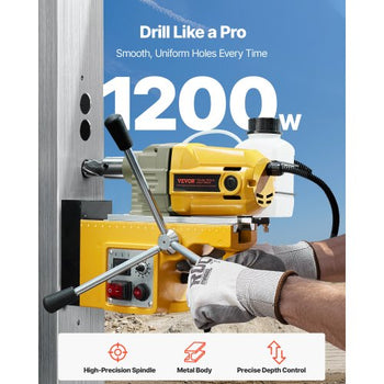 Magnetic Drill, 1200W Motor 1.6 in Boring Diameter, 2810 lbf Electric Mag Drill Press, with 2 Coring Bits, Variable Speed, Drilling Machine for Metal Surface, Home Improvement Industry, Yellow