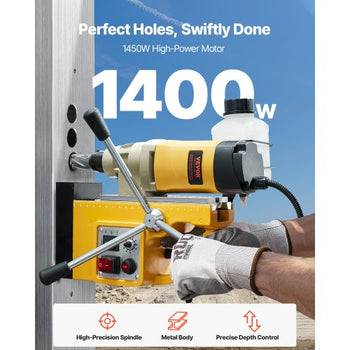 Magnetic Drill, 1450W Motor 2 in Boring Diameter, 2878 lbf Electric Mag Drill Press, with 6 Coring Bits, Variable Speed, Drilling Machine for Metal Surface, Home Improvement Industry, Yellow