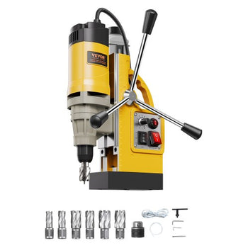 Magnetic Drill, 1450W Motor 2 in Boring Diameter, 2878 lbf Electric Mag Drill Press, with 6 Coring Bits, Variable Speed, Drilling Machine for Metal Surface, Home Improvement Industry, Yellow