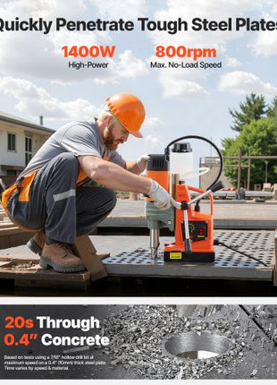 Magnetic Drill Press, 1400 W, 2 in Boring Diameter, 2810 lbf Power Portable Mag Drill Press, 0800 RPM Adjustable Speed, with Weldon Shank, for Metal Surface, Industrial and Home Improvement