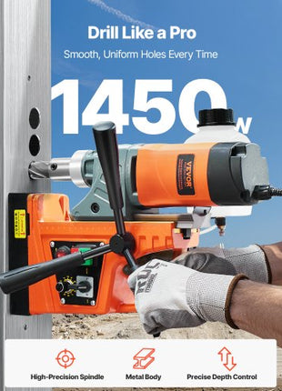 Magnetic Drill, 1450W Motor 1.6 in Boring Diameter, 2810 lbf Portable Electric Mag Drill Press, with 2 Coring Bits, Variable Speed, Drilling Machine for Metal Surface, Home Improvement Industry