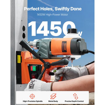 Magnetic Drill, 1450W Motor 1.6 in Boring Diameter, 2810 lbf Portable Electric Mag Drill Press, with 11 Coring Bits, 850 RPM Speed, Drilling Machine for Metal Surface, Home Improvement Industry