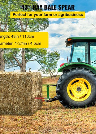 Pair Hay Spear 43" Bale Spear 3000 lbs Capacity, Bale Spike Quick Attach Square Hay Bale Spears 1 3/4", Red Coated Bale Forks, Bale Hay Spike with Hex Nut & Sleeve for Buckets Tractors Loaders