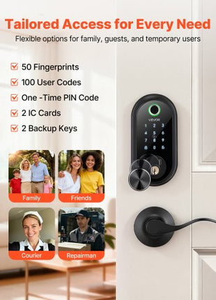 Fingerprint Door Lock Set, Electronic Biometric Deadbolt Keyless Entry Door Lock with Handle, Touchscreen, Auto Locking, One-Time Code, Anti-Peeking Password, IC Cards, for Home, Matte Black