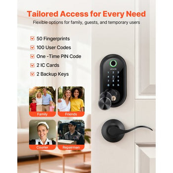 Fingerprint Door Lock Set, Electronic Biometric Deadbolt Keyless Entry Door Lock with Handle, Touchscreen, Auto Locking, One-Time Code, Anti-Peeking Password, IC Cards, for Home, Matte Black